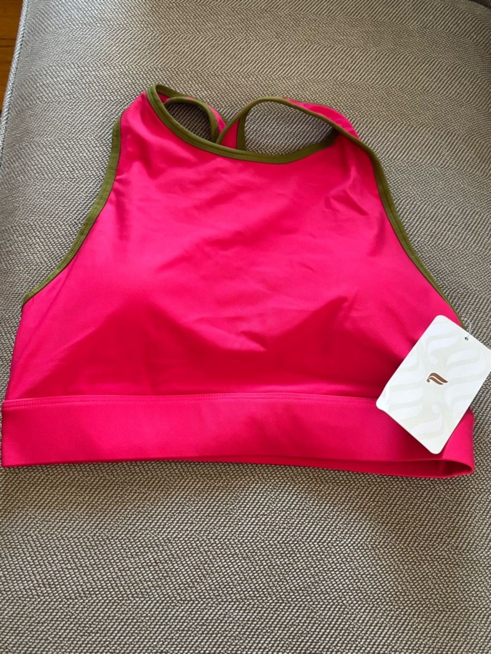 Fabletics Bright Pink High Neck Sports Bra Crop Top with Olive Trim NEW size L